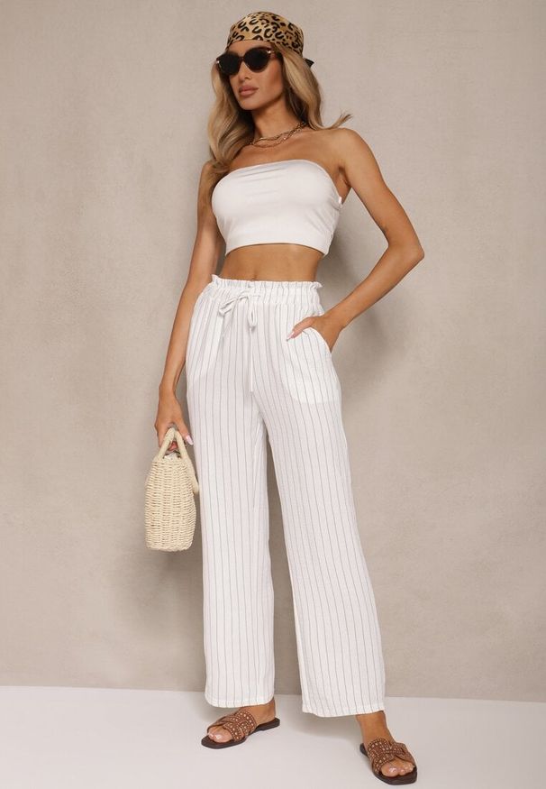 Renee - Białe Spodnie z Wiskozy High Waist Ozdobione Paskami Linariena. Okazja: na co dzień. Stan: podwyższony. Kolor: biały. Materiał: wiskoza. Wzór: aplikacja. Styl: klasyczny, casual, elegancki