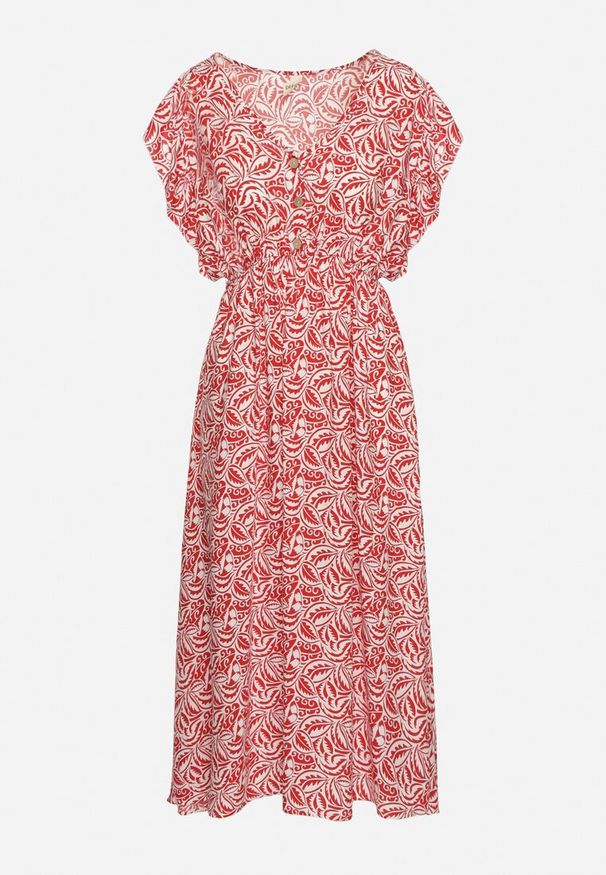 Born2be - Czerwona Sukienka Bawełniana z Gumką w Talii i Mozaikowym Wzorem Indaria. Kolor: czerwony. Materiał: bawełna