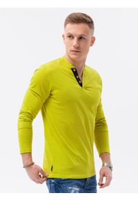 Ombre Clothing - Longsleeve męski z guzikami - limonkowy V5 L133 - XL. Materiał: poliester, bawełna. Długość rękawa: długi rękaw