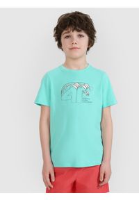 4f - 4F T-shirt regular z nadrukiem chłopięcy - turkusowy 152 (11-12 lat). Okazja: na co dzień. Kolor: turkusowy. Materiał: jersey, materiał, bawełna. Długość rękawa: krótki rękaw. Długość: krótkie. Wzór: nadruk. Sezon: lato. Styl: klasyczny, sportowy, casual