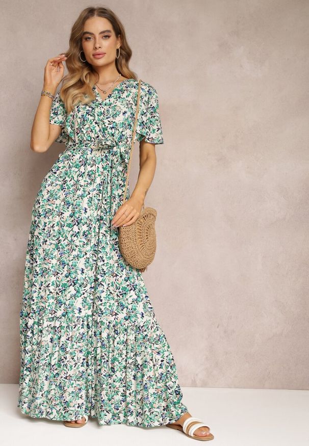 Renee - Zielona Sukienka Maxi z Wiskozy z Gumką i Materiałowym Paskiem w Talii Dionelia. Kolor: zielony. Materiał: wiskoza, materiał. Długość: maxi