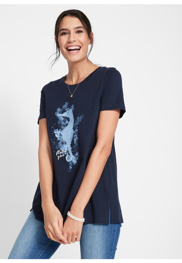 bonprix - T-shirt bawełniany z nadrukiem z motywem konika morskiego. Kolor: niebieski. Materiał: bawełna. Wzór: nadruk