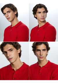 Reserved - Strukturalny sweter polo - czerwony. Typ kołnierza: polo. Kolor: czerwony. Materiał: bawełna, dzianina #1