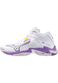 Damskie buty halowe Mizuno Wave Lightning Z Mid Wos. Kolor: biały, wielokolorowy, fioletowy. Materiał: materiał, syntetyk. Szerokość cholewki: normalna. Model: Mizuno Wave. Sport: siatkówka