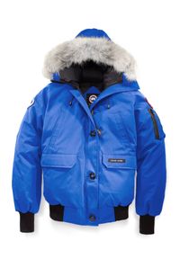 CANADA GOOSE - Niebieska kurtka Chilliwack. Kolor: niebieski. Materiał: materiał, futro. Wzór: aplikacja