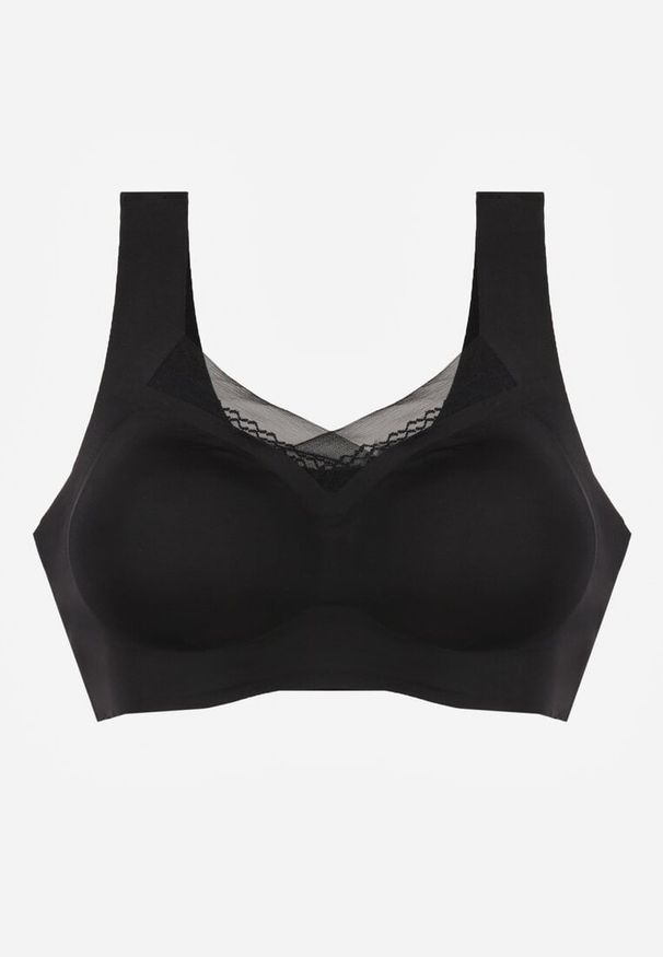 Renee - Czarny Sportowy Biustonosz z Usztywnieniem Ozdobiony Siateczkową Wstawką Edalissa. Kolor: czarny. Rodzaj stanika: wyciągane miseczki. Wzór: aplikacja