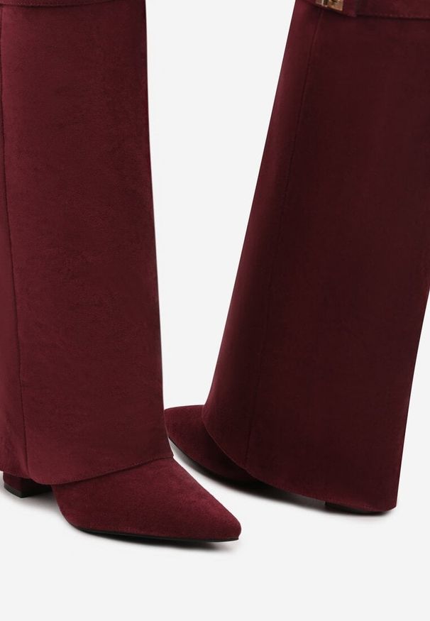 Born2be - Bordowe Kozaki na Słupku z Wywiniętą Cholewką Gafsena. Okazja: na co dzień. Kolor: czerwony. Materiał: jeans. Szerokość cholewki: normalna. Sezon: wiosna, zima, jesień. Obcas: na słupku. Styl: casual. Wysokość obcasa: średni