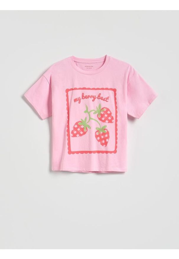Reserved - T-shirt z nadrukiem - różowy. Kolor: różowy. Materiał: bawełna. Wzór: nadruk
