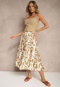 Renee - Beżowe Szerokie Spodnie Culottes z Gumką Zdobione Geometrycznym Printem Sartebia. Okazja: na co dzień. Kolor: beżowy. Wzór: aplikacja, geometria, nadruk. Styl: elegancki, casual