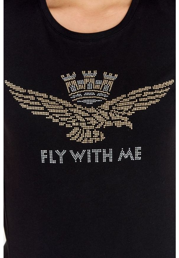 Aeronautica Militare - AERONAUTICA MILITARE Czarny bawełniany t-shirt damski z orłem wykonanym z dżetów, Rozmiar XS. Kolor: czarny. Materiał: bawełna