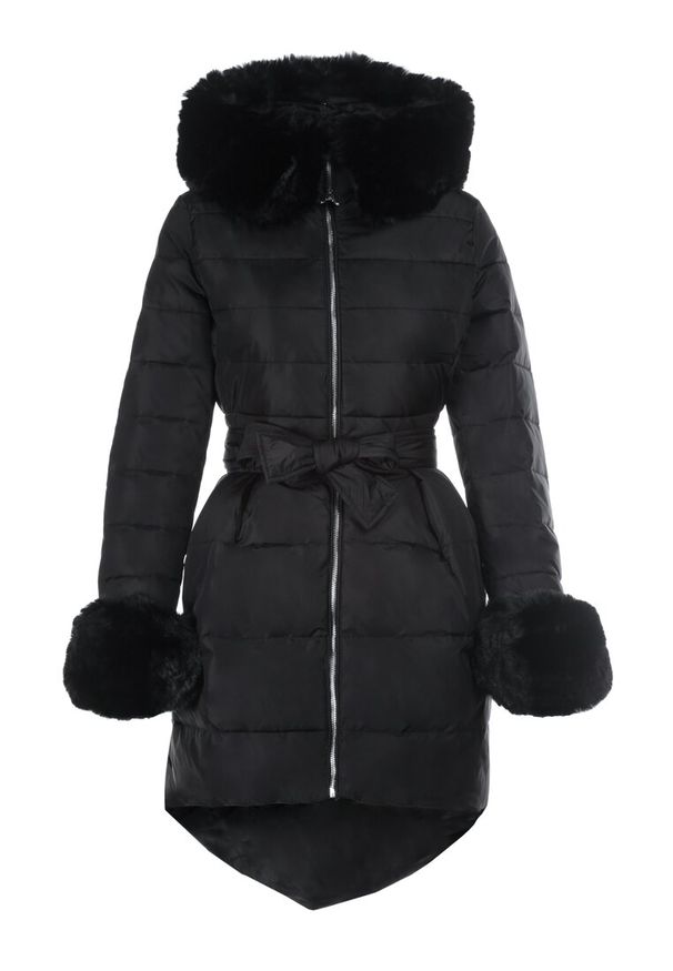 Born2be - Czarna Kurtka Nautifa. Kolor: czarny. Materiał: futro, tkanina. Długość rękawa: długi rękaw. Długość: długie