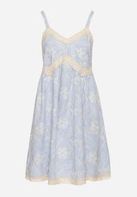 Born2be - Niebieska Bawełniana Sukienka w Kwiaty z Haftem Nilacine. Okazja: na co dzień. Kolor: niebieski. Materiał: bawełna. Długość rękawa: na ramiączkach. Wzór: kwiaty, haft. Styl: elegancki, casual #2