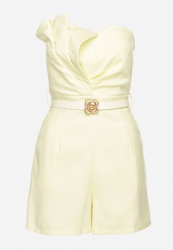 Born2be - Żółty Kombinezon Bez Rękawów Zdobiony Zakładkami i Paskiem z Klamrą Silurea. Okazja: na co dzień. Kolor: żółty. Długość rękawa: bez rękawów. Wzór: aplikacja. Styl: elegancki, casual