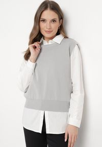 Born2be - Szara Kamizelka z Prążkowanej Dzianiny z Klasyczną Koszulą Verisande. Okazja: na co dzień. Kolor: szary. Materiał: dzianina, prążkowany. Styl: klasyczny #2