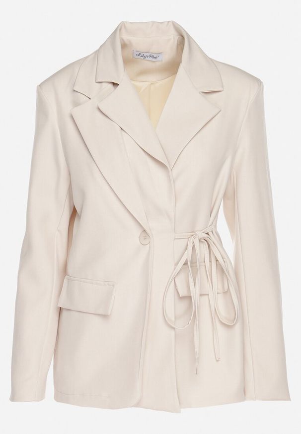 Born2be - Jasnobeżowa Marynarka z Ozdobnym Wiązaniem Lenirin. Okazja: na co dzień. Kolor: beżowy. Materiał: jeans. Styl: casual, elegancki