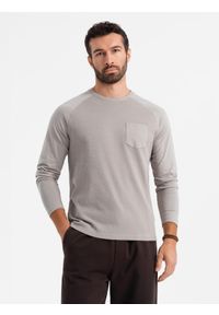 Ombre Clothing - Bawełniany męski longsleeve o waflowym splocie z kieszonką – popielaty V1. Okazja: na co dzień. Kolor: szary. Materiał: bawełna. Długość rękawa: długi rękaw. Wzór: ze splotem. Styl: klasyczny, sportowy, casual