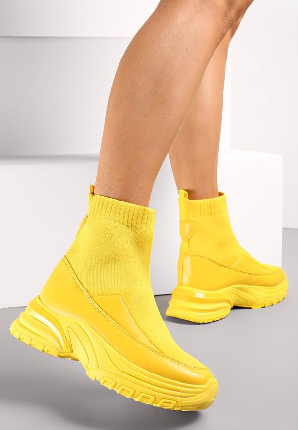 Renee - Żółte Sneakersy ze Skarpetkową Cholewką na Platformie Hindessa. Kolor: żółty. Szerokość cholewki: normalna. Obcas: na platformie