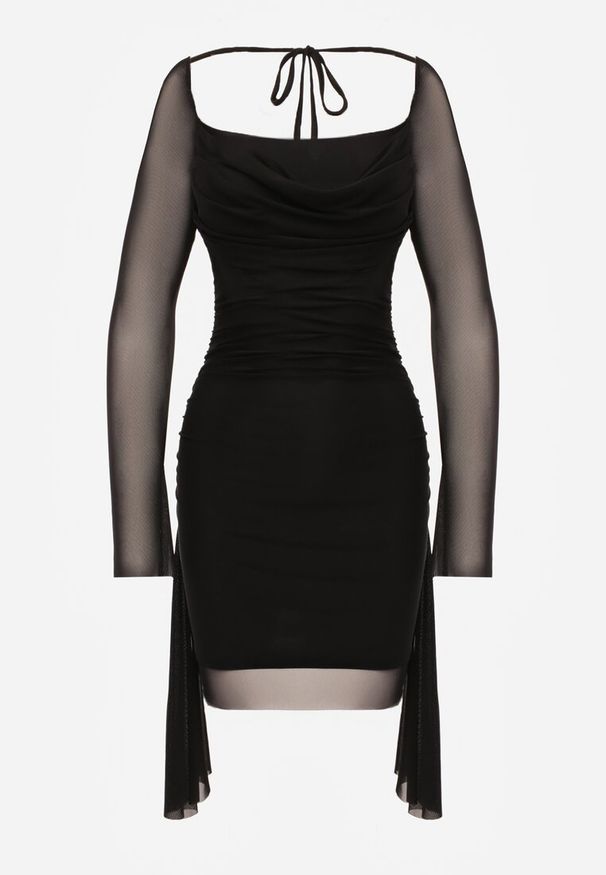 Born2be - Czarna Siateczkowa Sukienka VICES o Dopasowanym Kroju z Wiązaniem Arieslenne. Kolor: czarny. Typ sukienki: oversize