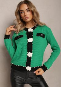 Renee - Zielony Kardigan z Wiskozy o Klasycznym Fasonie z Perłami i Kwiatami Kallu. Kolor: zielony. Materiał: wiskoza. Wzór: kwiaty. Sezon: zima, jesień. Styl: klasyczny