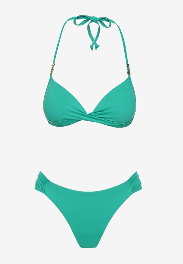 Renee - Ciemnozielone Bikini Wiązany Biustonosz Push Up i Majtki Typu Figi Mirisenia. Kolor: zielony. Wzór: aplikacja