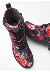 bonprix - Kozaki sznurowane Jana, wygodna tęgość. Kolor: czarny. Wzór: nadruk, kwiaty #2
