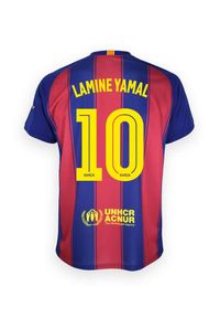 Strój domowy FC Barcelona Junior Lamine Yamal nr 10 2025/26 Blaugrana. Kolor: niebieski. Wzór: haft, paski. Sport: piłka nożna