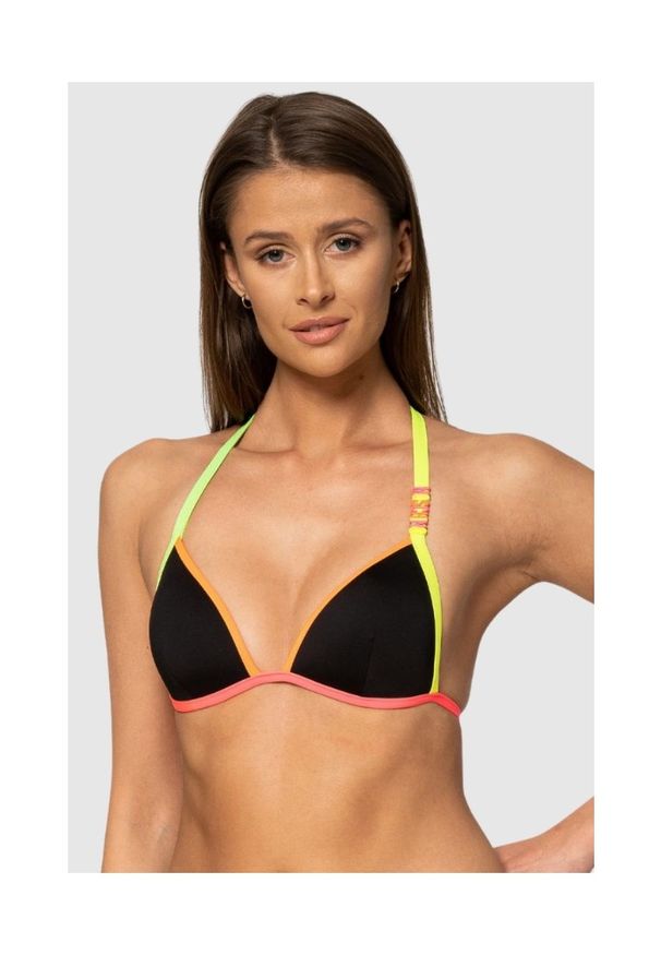 MOSCHINO Czarna góra od bikini z neonowymi lamówkami, Rozmiar XS. Kolor: czarny. Wzór: aplikacja