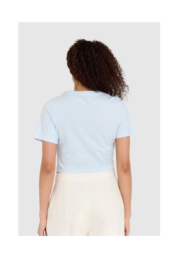 Guess - GUESS Niebieski t-shirt damski cropped fit piercing. Kolor: niebieski. Materiał: bawełna