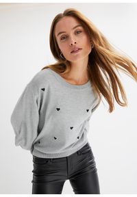 bonprix - Sweter z haftem w serduszka z mieszanki wiskozy. Kolor: szary. Materiał: wiskoza. Wzór: haft #1