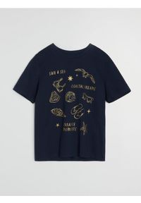 Sinsay - Bawełniana koszulka ze złotym nadrukiem - granatowy. Kolor: niebieski. Materiał: bawełna. Wzór: nadruk #1