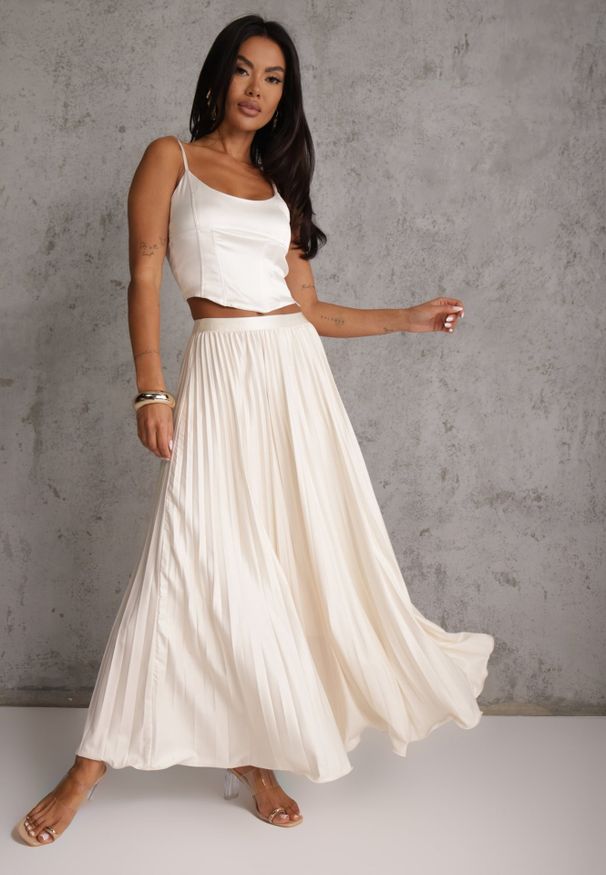 Renee - Beżowa Spódnica High Waist Zdobiona Drobnym Plisowaniem Aniope. Okazja: na co dzień. Stan: podwyższony. Kolor: beżowy. Wzór: aplikacja. Styl: elegancki, casual