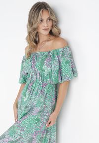 Born2be - Zielona Wiskozowa Sukienka Midi z Hiszpańskim Dekoltem i Gumką w Talii Wilmanu. Kolor: zielony. Materiał: wiskoza. Długość: midi #4