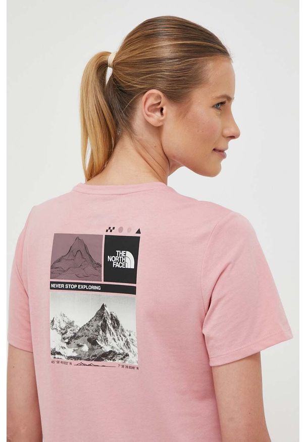 The North Face t-shirt damski kolor różowy. Kolor: różowy. Materiał: materiał, dzianina. Styl: klasyczny
