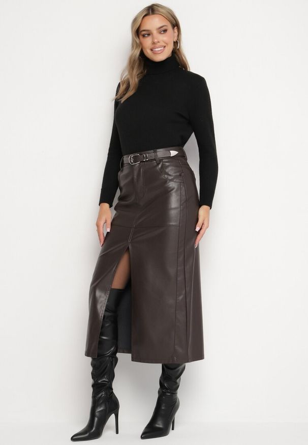 Born2be - Czarna Długa Spódnica High Waist z Imitacji Skóry z Dodatkowym Paskiem i Rozcięciem Wyneti. Okazja: na co dzień. Stan: podwyższony. Kolor: czarny. Materiał: skóra. Długość: długie. Styl: klasyczny, elegancki, casual