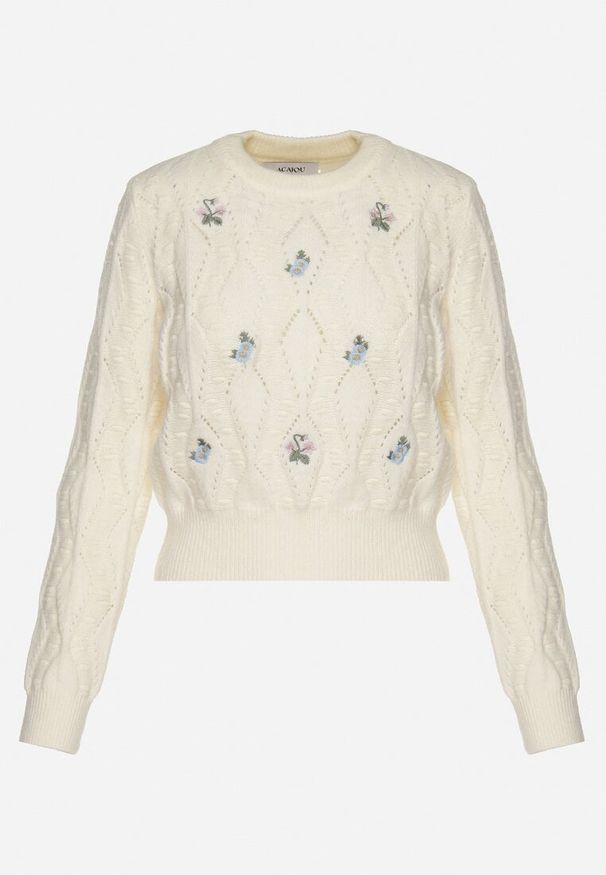 Born2be - Jasnobeżowy Sweter Ozdobiony Tłoczeniem i Kwiatkami Eretina. Okazja: na co dzień. Kolor: beżowy. Materiał: jeans. Wzór: aplikacja, kwiaty. Styl: casual