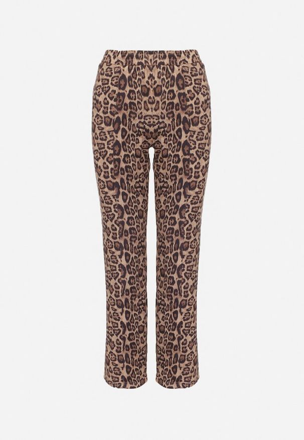 Born2be - Beżowe Spodnie w Panterkę o Klasyznym Fasonie z Gumką w Pasie Enadel. Okazja: na co dzień, na spotkanie biznesowe. Kolor: beżowy. Wzór: motyw zwierzęcy. Styl: biznesowy, klasyczny, casual, elegancki