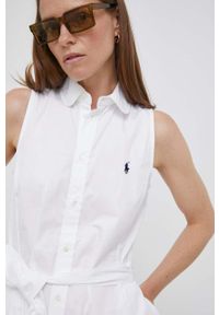 Polo Ralph Lauren sukienka bawełniana kolor biały midi prosta. Okazja: na co dzień. Typ kołnierza: polo. Kolor: biały. Materiał: bawełna. Wzór: gładki, aplikacja. Typ sukienki: proste. Styl: casual. Długość: midi #3