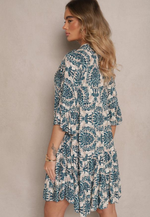 Renee - Granatowo-Beżowa Bawełniana Sukienka o Rozkloszowanym Kroju w Ornamentalny Print Laniwea. Okazja: na co dzień. Kolor: niebieski. Materiał: bawełna. Wzór: nadruk. Styl: casual