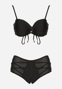 Renee - Czarne Bikini Biustonosz i Majtki Figi High Waist z Siateczkowymi Zdobieniami Kinovia. Stan: podwyższony. Kolor: czarny. Wzór: aplikacja