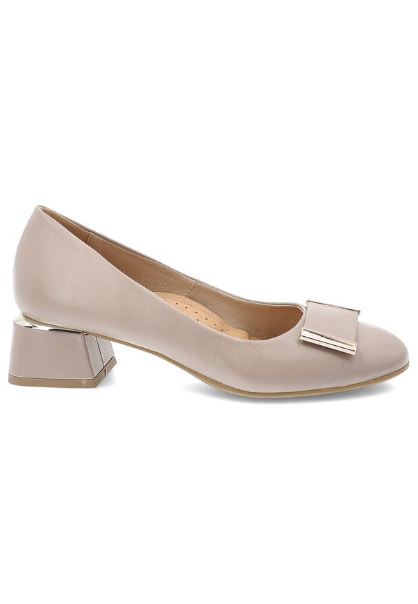 Beżowe Półbuty Armodo Eleganckie Obuwie Damskie. Okazja: na co dzień, do pracy, na spotkanie biznesowe. Kolor: beżowy. Materiał: skóra. Wzór: geometria, aplikacja. Obcas: na obcasie. Styl: elegancki. Wysokość obcasa: średni