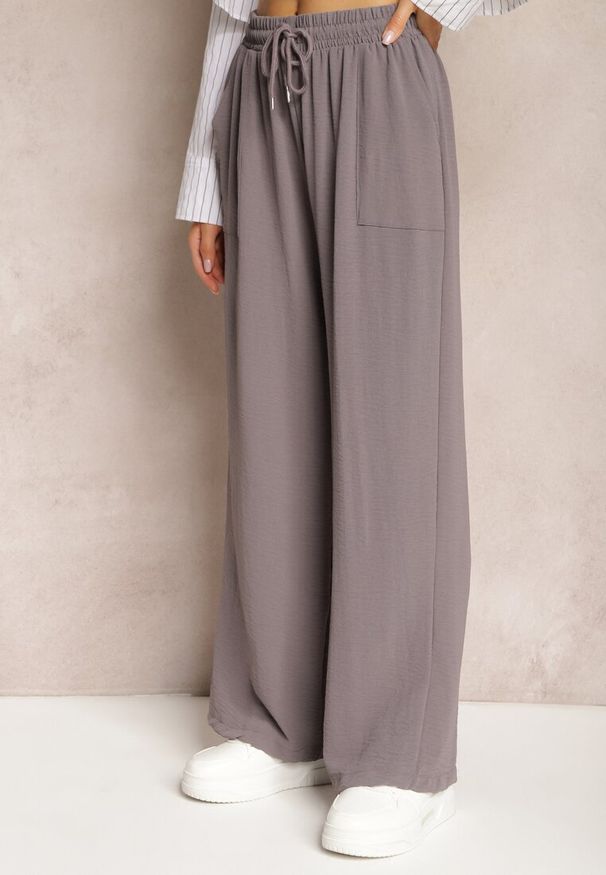 Renee - Szare Spodnie High Waist ze Sznurkiem w Talii i Prostą Nogawką Raveann. Okazja: na co dzień. Stan: podwyższony. Kolor: szary. Styl: casual