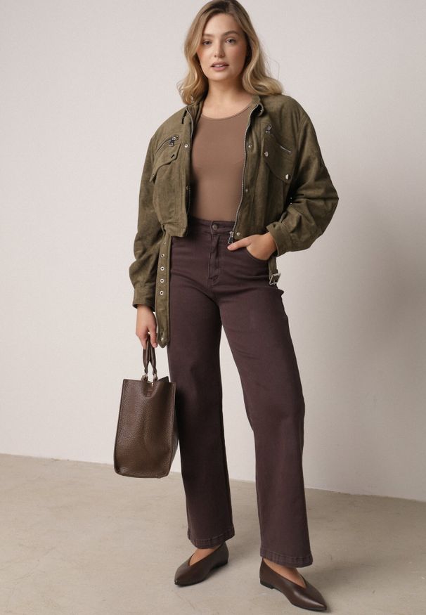 Born2be - Ciemnobeżowa Kurtka z Imitacji Zamszu w Stylu Utility z Suwakami i Paskiem Birasa. Okazja: na co dzień. Kolor: beżowy. Materiał: zamsz. Wzór: gładki. Styl: casual, elegancki, rockowy