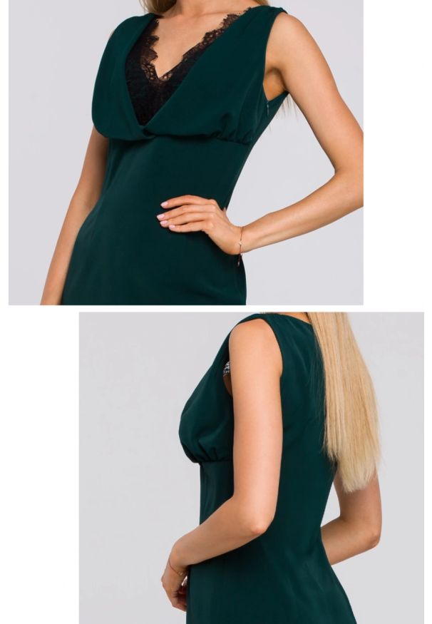 Sukienki.shop - Sukienka elegancka wieczorowa z lejącej tkaniny z koronką. Okazja: na imprezę, na randkę. Materiał: tkanina, koronka. Wzór: koronka. Styl: wizytowy, elegancki