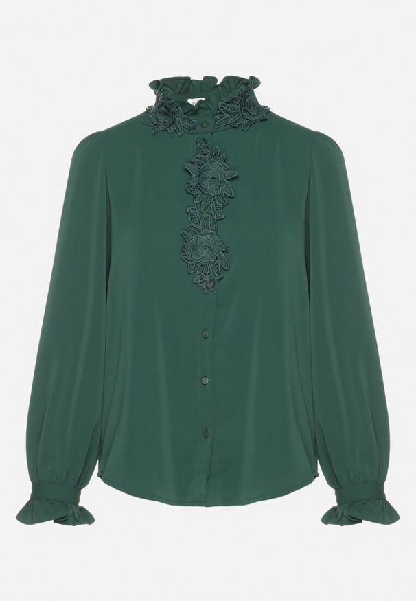 Born2be - Ciemnozielona Koszula ze Stójką i Koronkowymi Aplikacjami Zeanissa. Typ kołnierza: kołnierzyk stójkowy. Kolor: zielony. Materiał: koronka. Wzór: aplikacja. Styl: elegancki, klasyczny