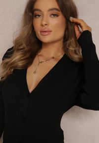 Renee - Czarny Kardigan z Bufkami na Ramionach Toze. Kolor: czarny. Materiał: dzianina, prążkowany. Długość rękawa: długi rękaw. Długość: długie