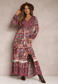 Renee - Fuksjowa Sukienka z Gumką w Talii w Etno Wzór Kapha. Kolor: różowy. Materiał: tkanina. Styl: etno #2