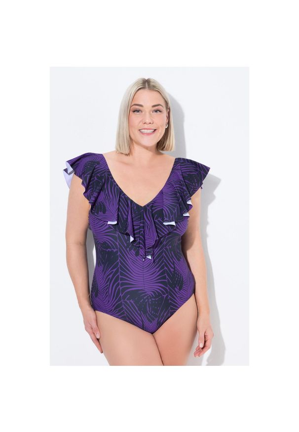 ULLA POPKEN - Damski Kostium kąpielowy wzór skóra węża miękkie miseczki falbana z recyklingu. Kolekcja: plus size. Kolor: fioletowy. Materiał: elastan, poliamid, materiał