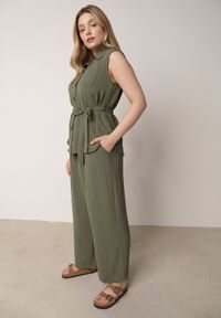 Born2be - Ciemnozielony Wiskozowy Komplet Szerokie Spodnie i Koszula Bez Rękawów z Wiązaniem Zanran. Kolor: zielony. Materiał: wiskoza #3
