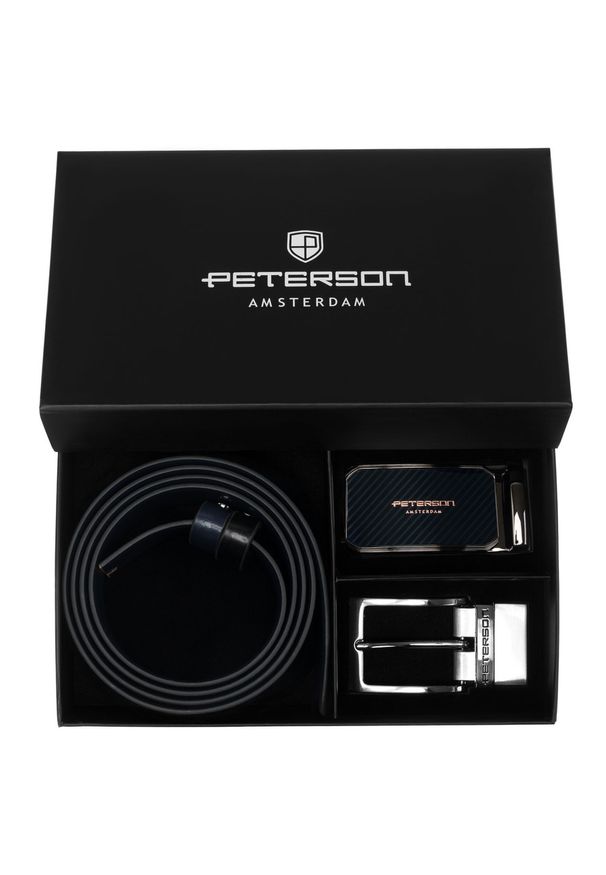 Zestaw prezentowy: dwustronny pasek skórzany w granatowym i czarnym kolorze Peterson PTN KL-B016S001 N. Kolor: czarny, niebieski, wielokolorowy. Materiał: skóra. Styl: elegancki