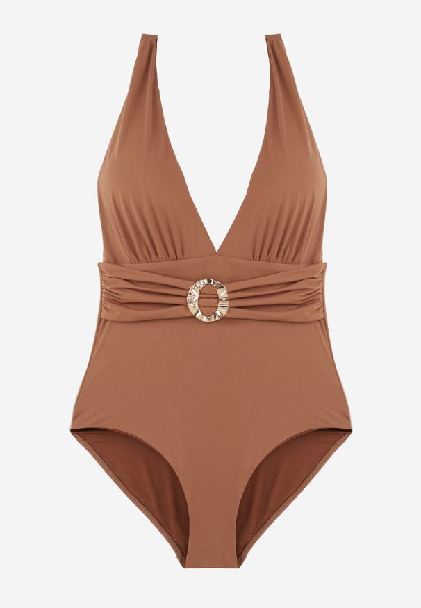 Born2be - Brązowy Jednoczęściowy Strój Kąpielowy z Marszczeniem i Imitacją Paska z Klamrą Tinryss. Kolekcja: plus size. Kolor: brązowy. Długość: długie